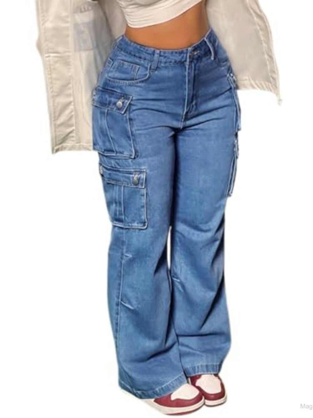 Women High Waisted Baggy Cargo Jeans Y2K Wide Leg Utility Pocket Streetwear